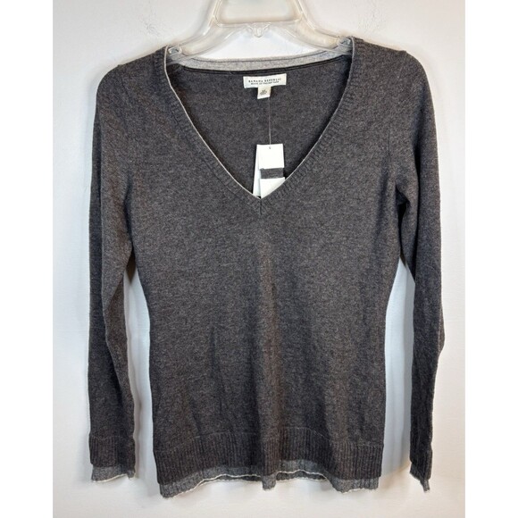 BANANA REPUBLIC Women Gray Double Trim V-Neck Sweater XS Lightweight Wool Blend - Picture 1 of 11